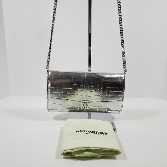 Burberry Hannah Wallet on Chain Crocodile Embossed Leather - Metallic Silver - Picture 1 of 9